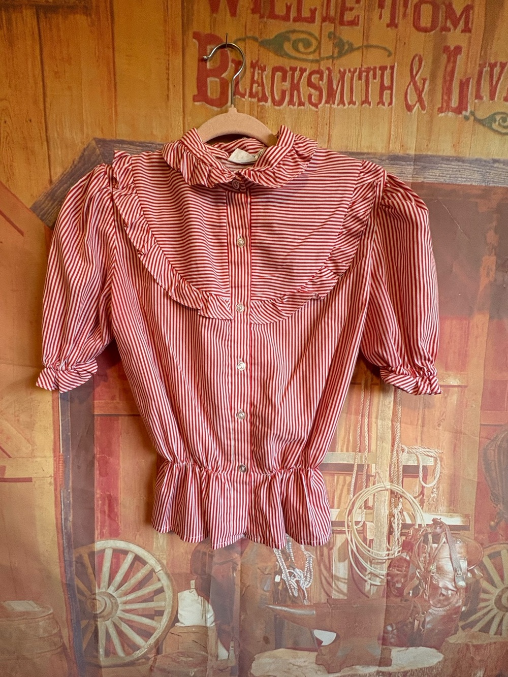 Vintage NIKI Red & White Striped Ruffle Blouse Peplum Crop - S - Picture 1 of 4